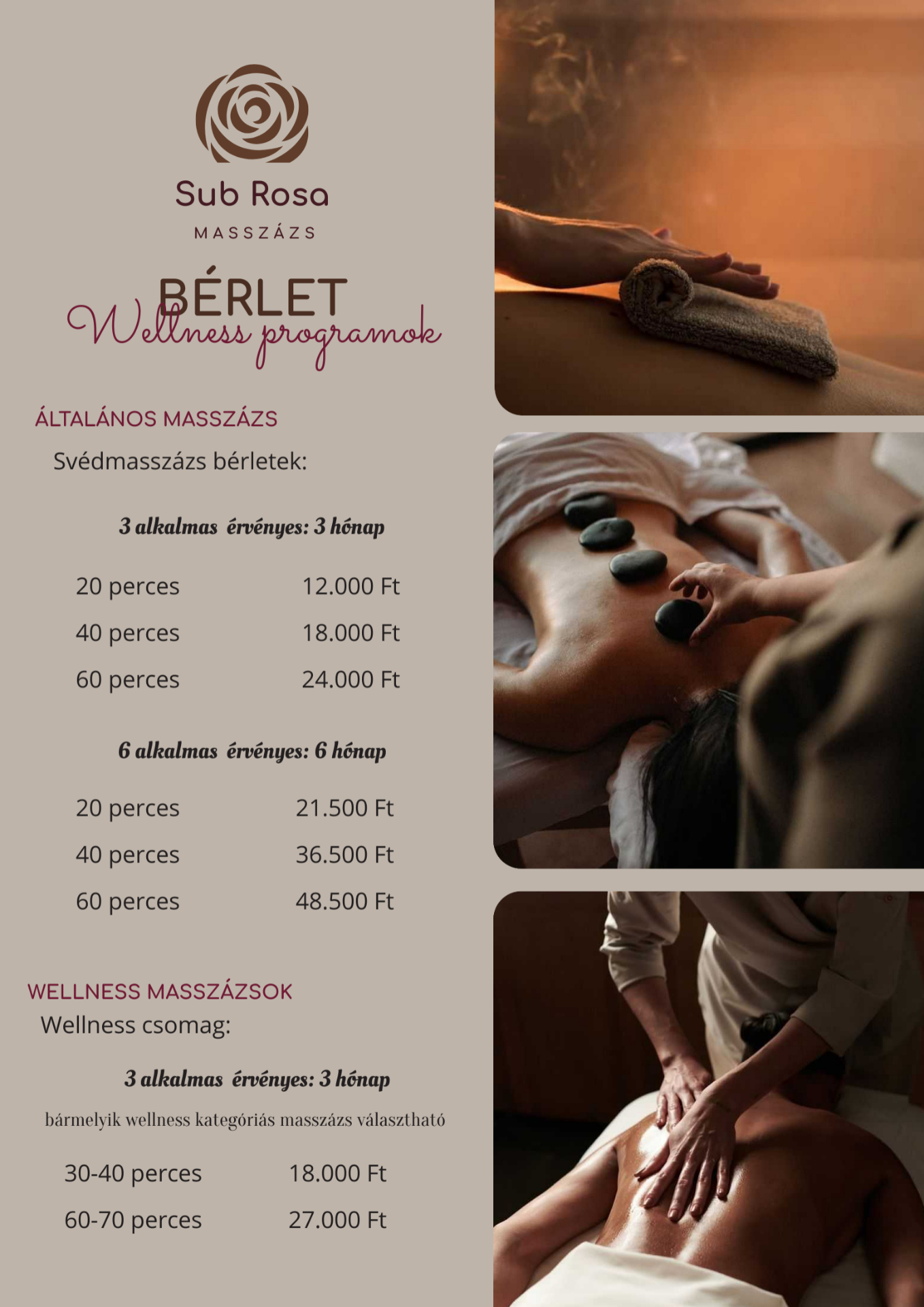 Sub Rosa Masszázs svédmasszázs- és wellnessbérleteinek árlistája